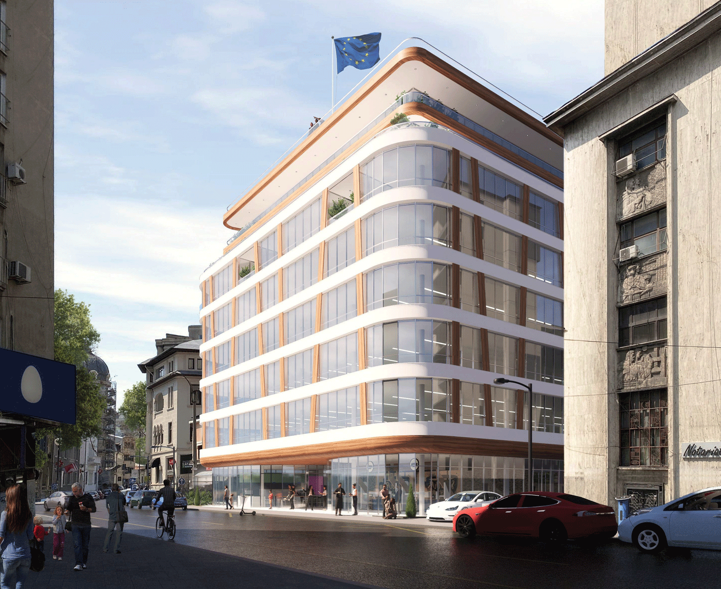 large building with flag on a busy road architecturally rendered