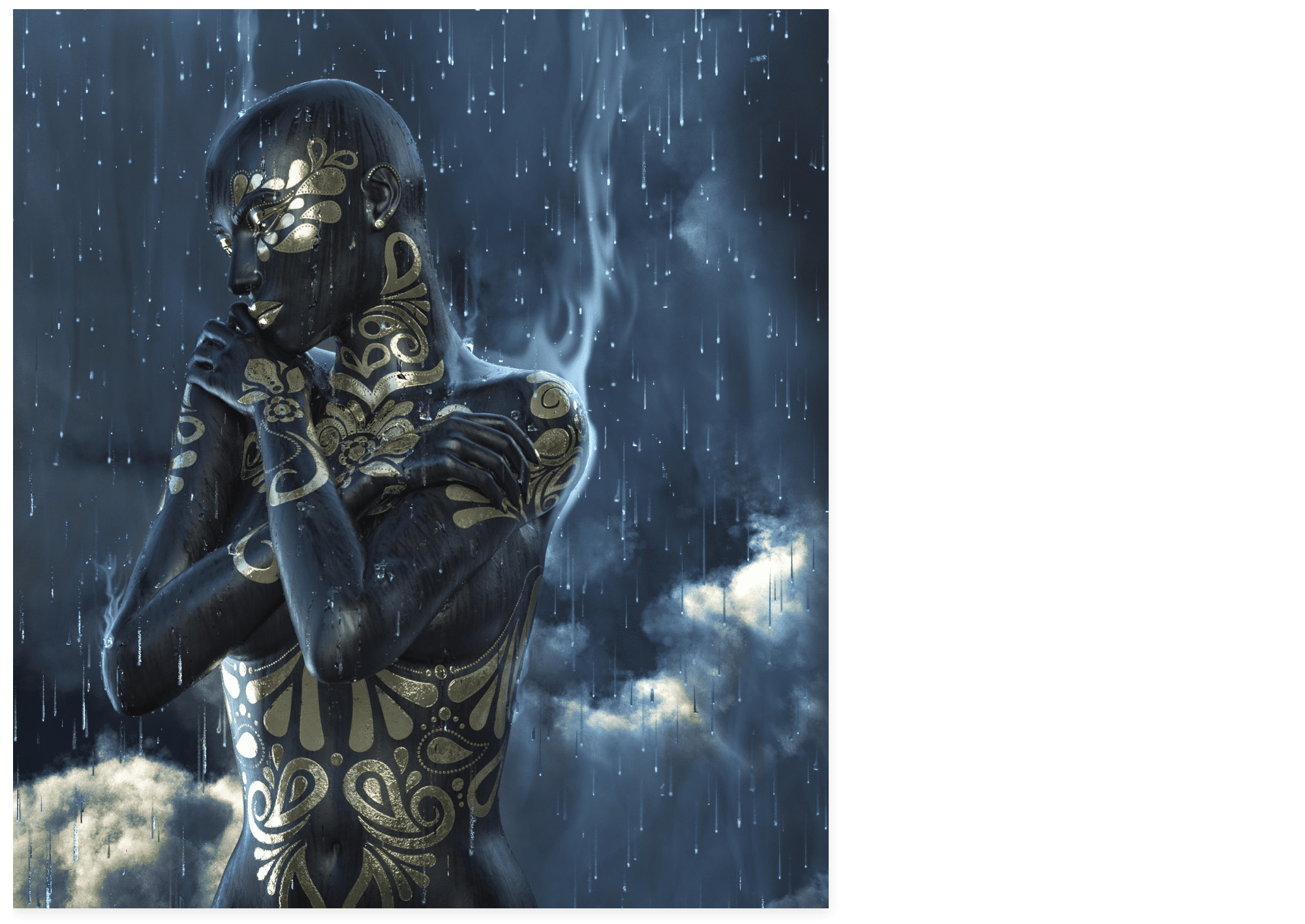 a nude woman covered in gold flecks standing against a stormy sky, wet from the rain