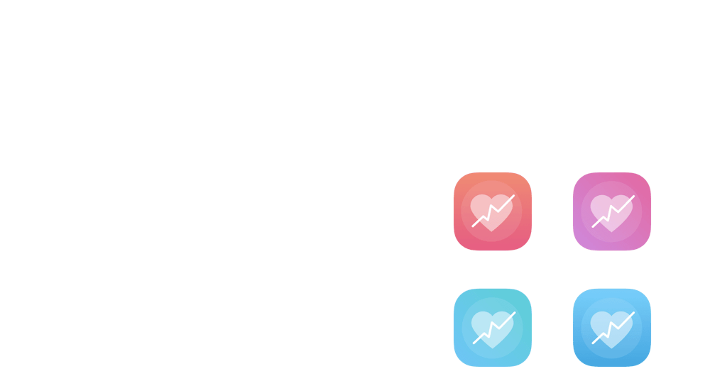 cuatro opciones para un ícono de app: un cuadro con un corazón y una línea diagonal