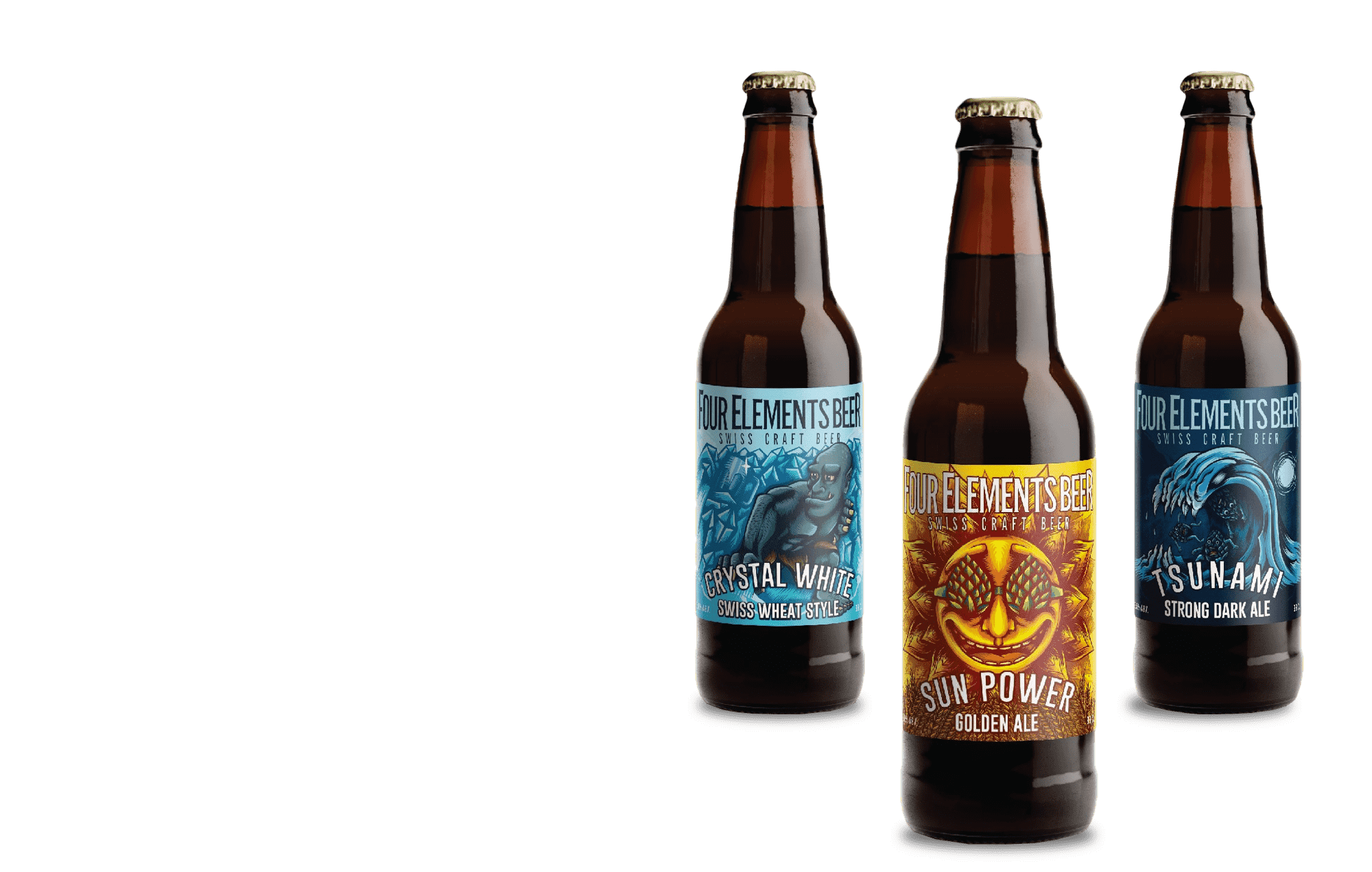 three beer bottles, each with a unique, cartoon-style label