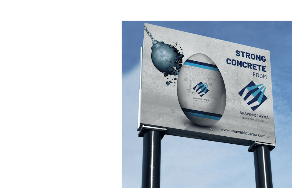 gray billboard with an image of an egg being hit with a wrecking ball and blue text