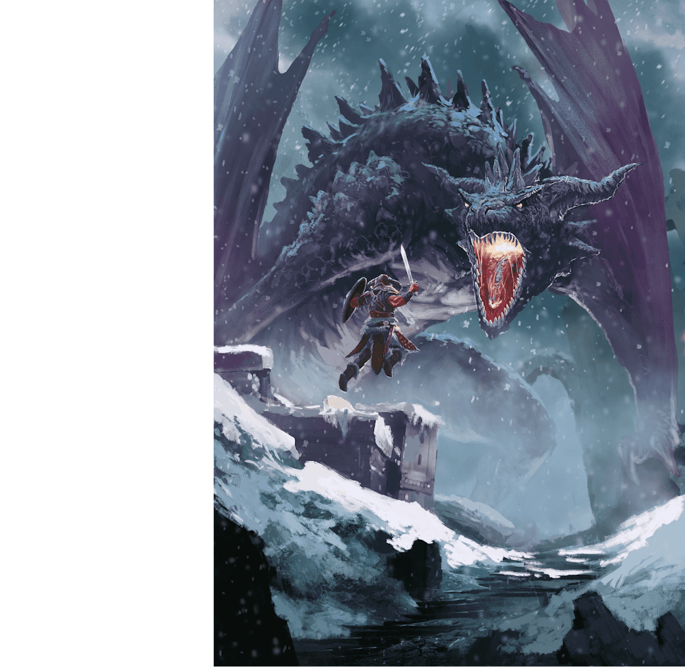 um cavaleiro lutando contra um dragão em uma tempestade de neve