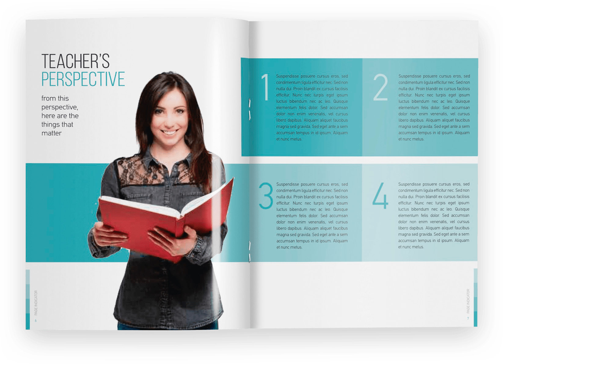 open book showing a photo of a woman with an open book and four differently colored boxes