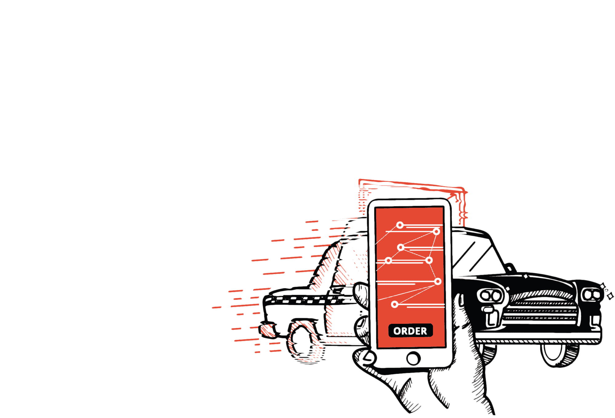 line drawing of a cab with a hand holding a smartphone