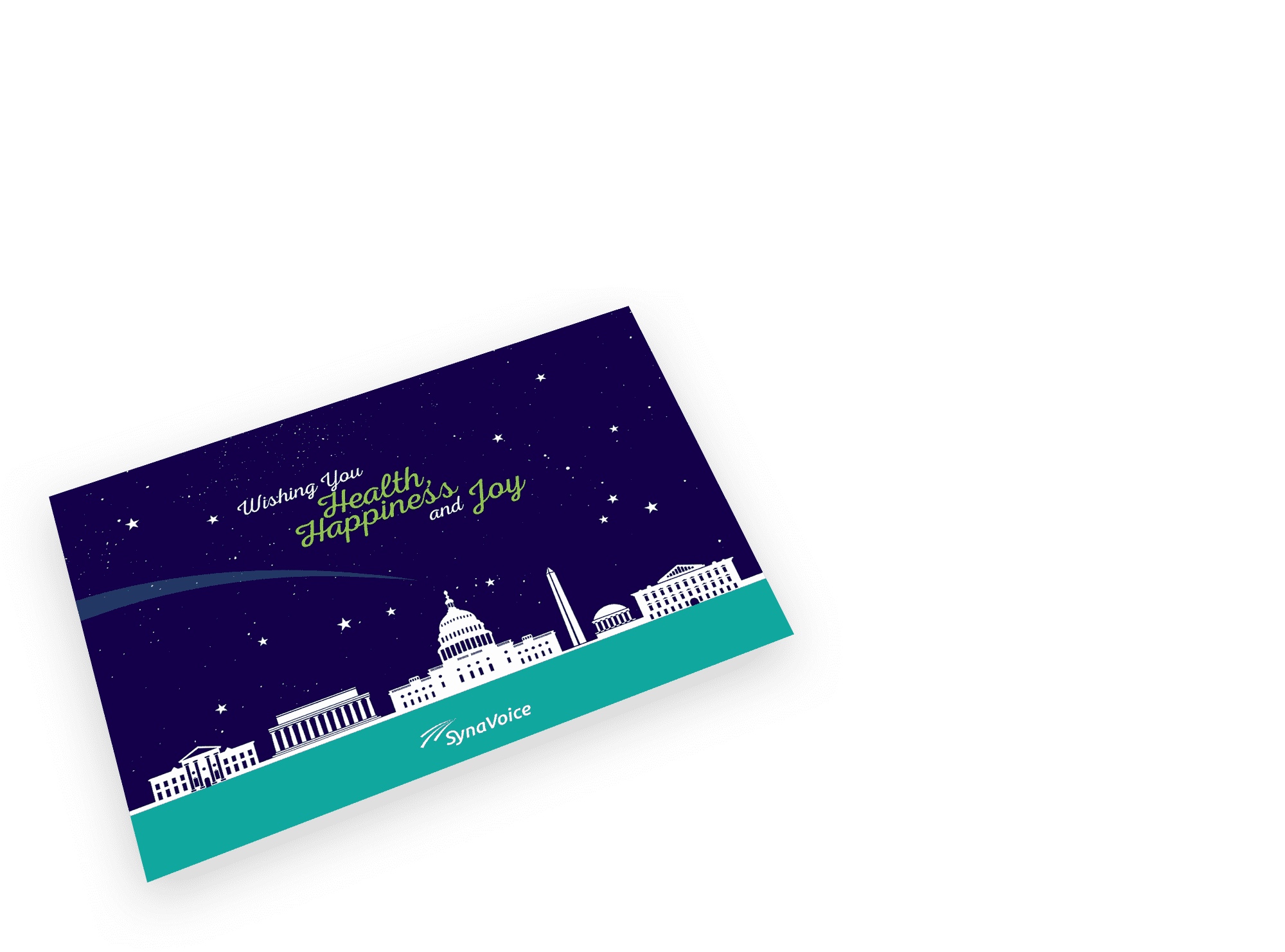 dark blue card with white and green text above a white cityscape