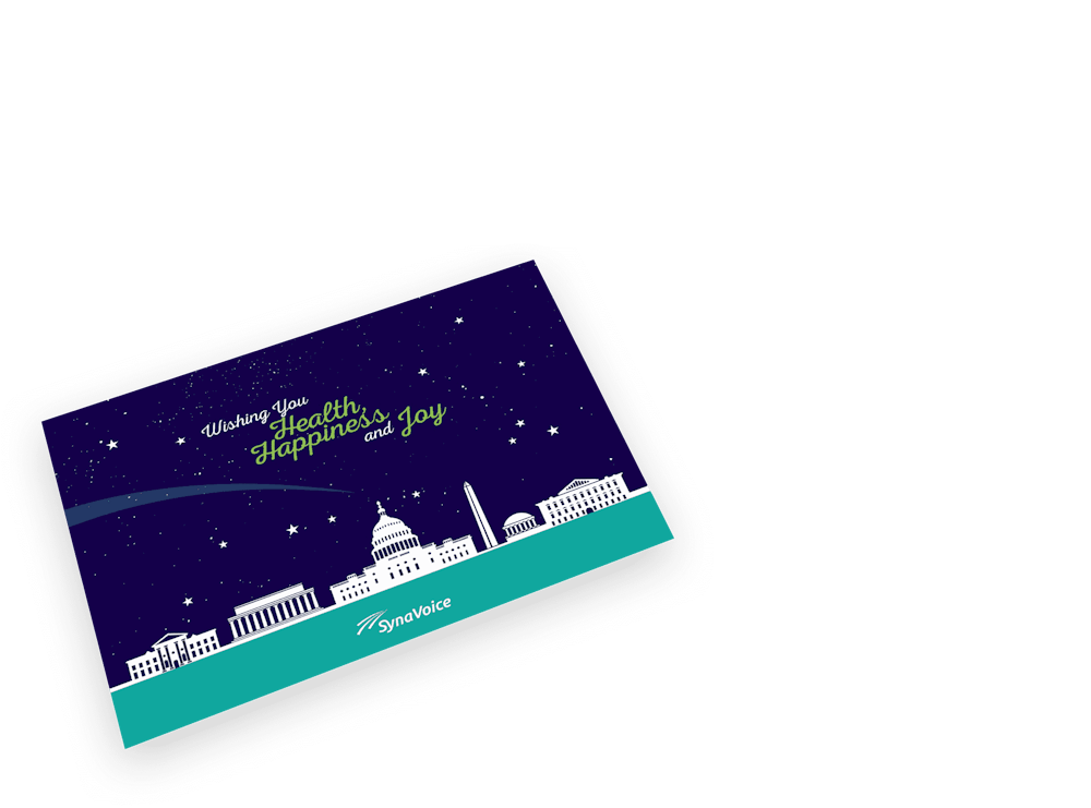 tarjeta azul oscuro con texto blanco y verde sobre un paisaje blanco