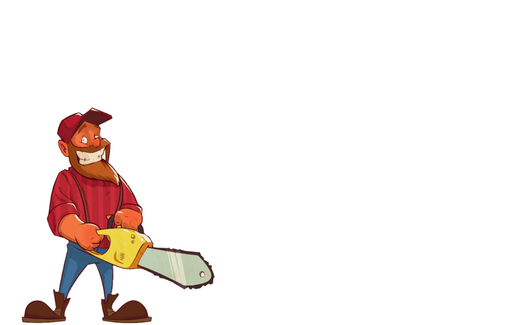 Cartoon van een houthakker met een baard, die een kettingzaag vasthoudt