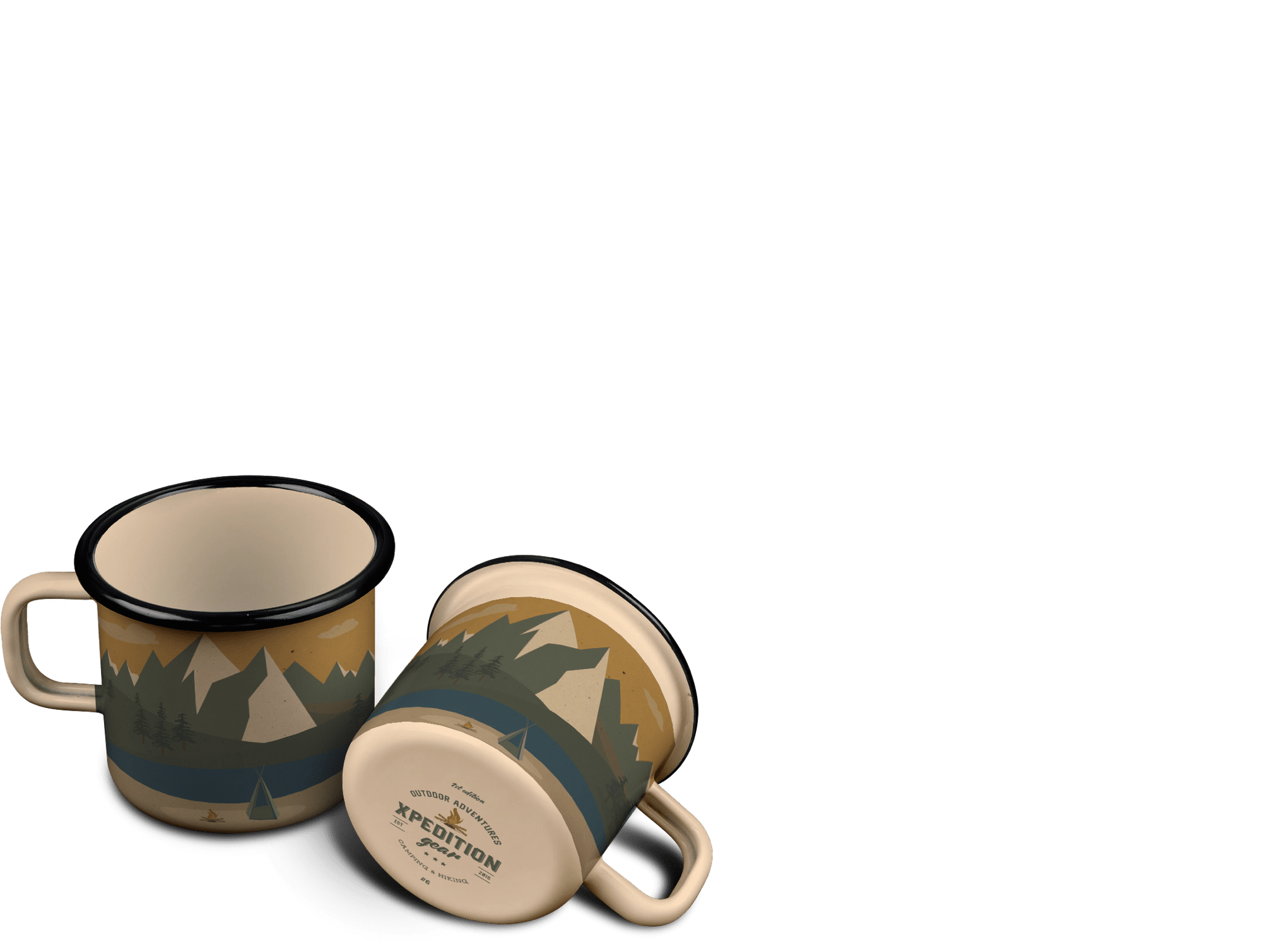 two mugs, both with an image of a mountain scene with a lake and tent