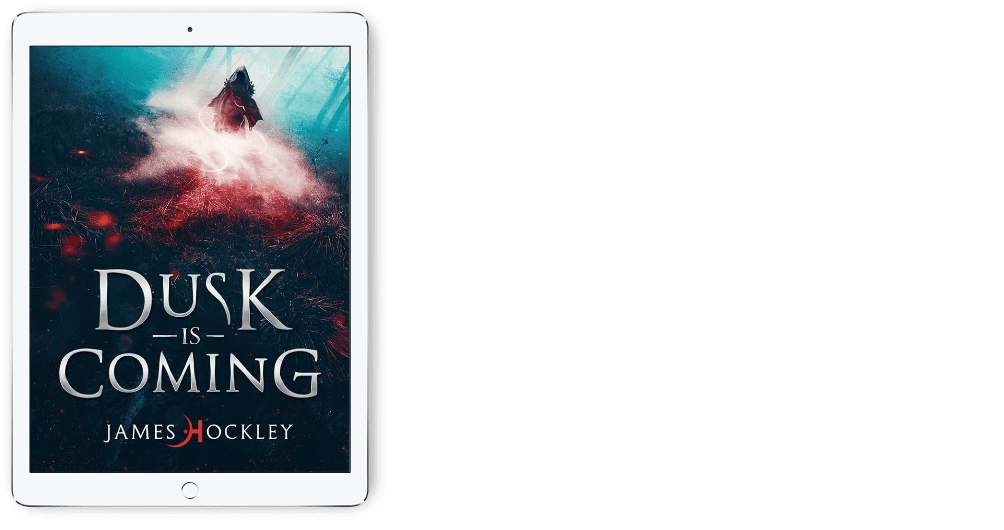 tablet showing a dark-colored cover with a hooded figure