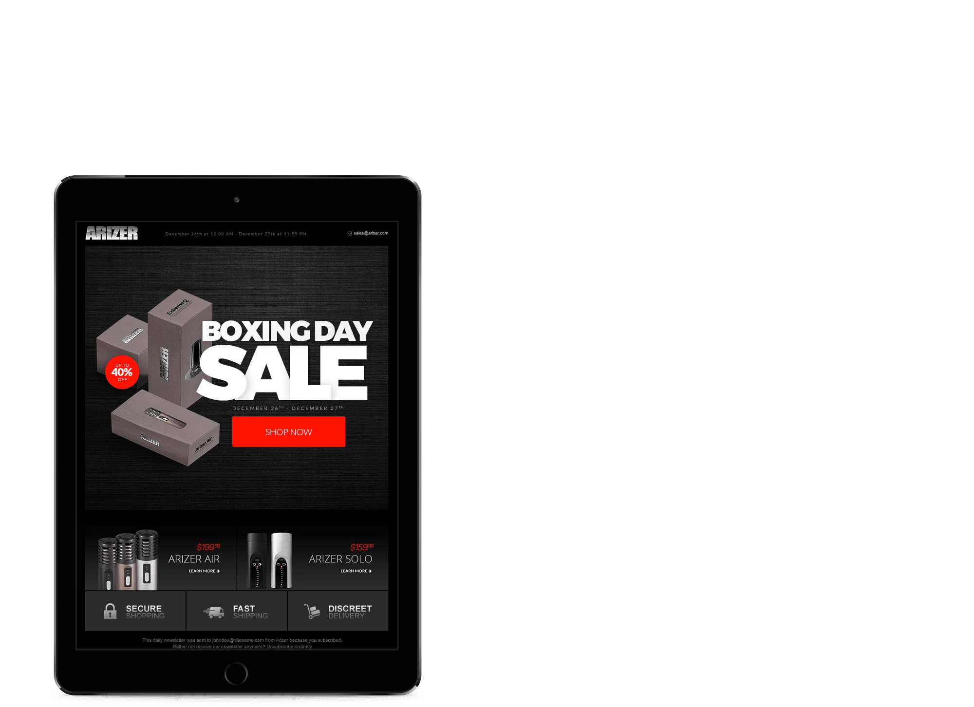 tablet showing a boxing day email with a black background and white text