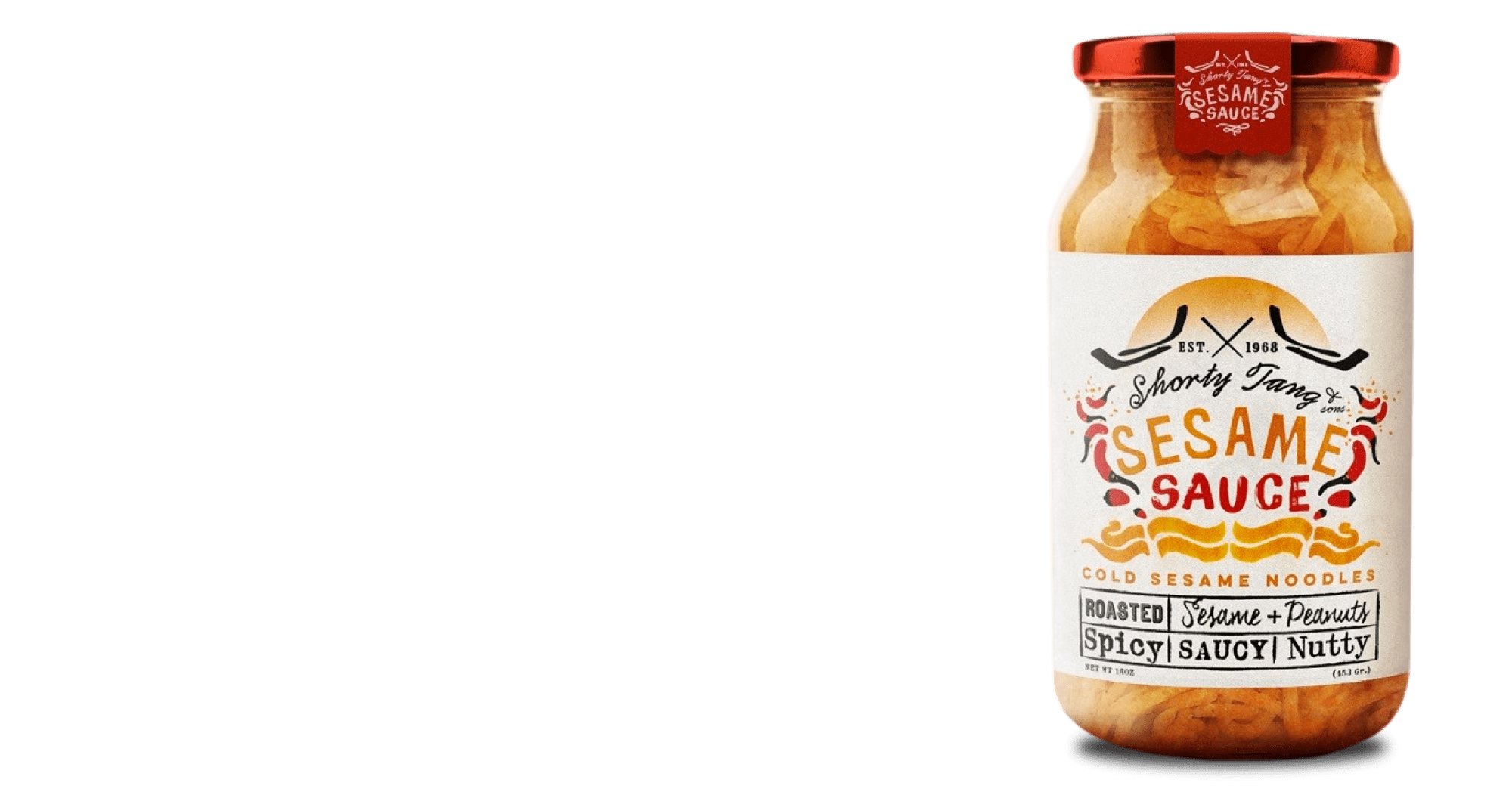 glass jar of sesame sauce with white labels