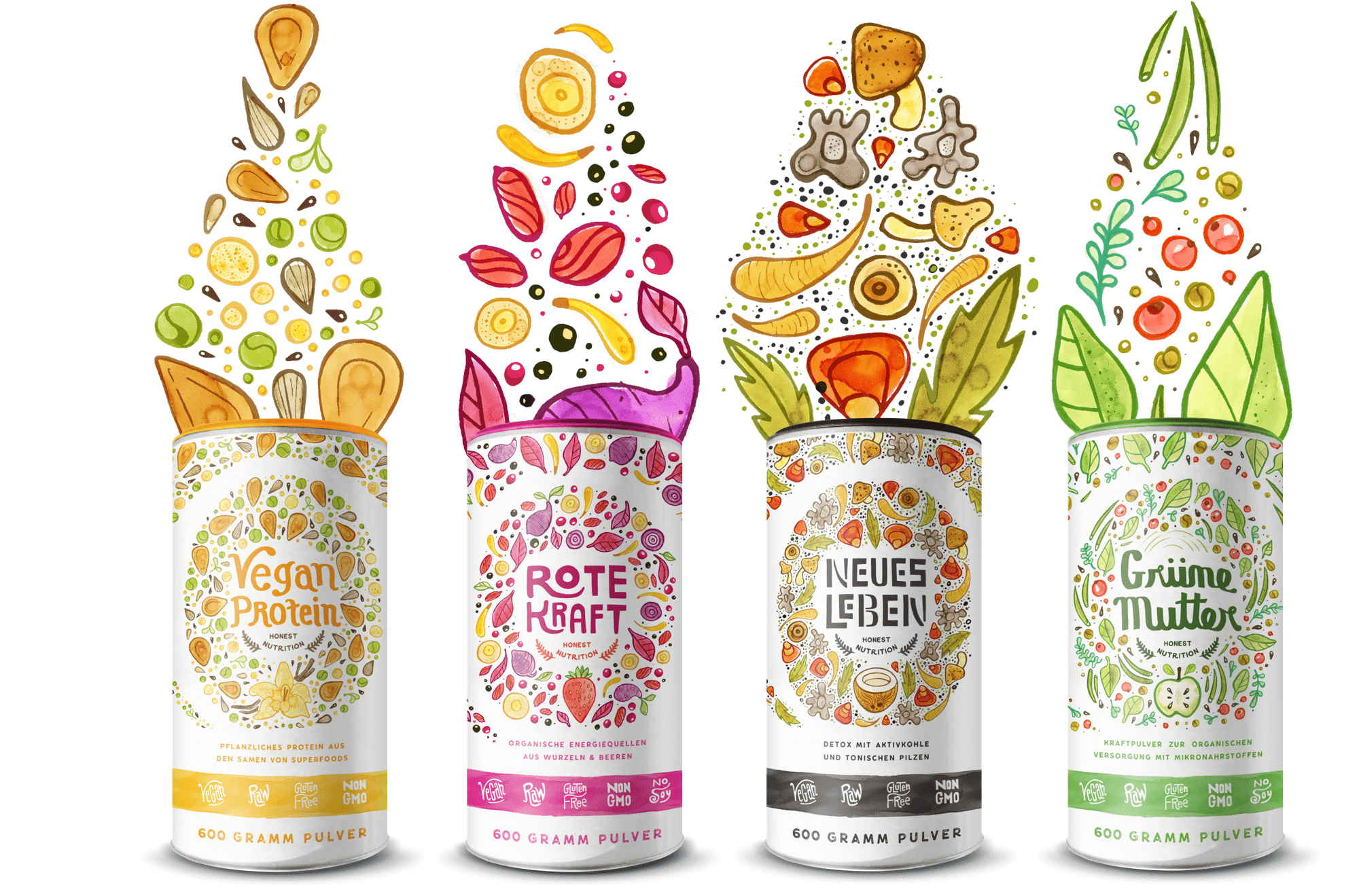 four cylindrical food containers