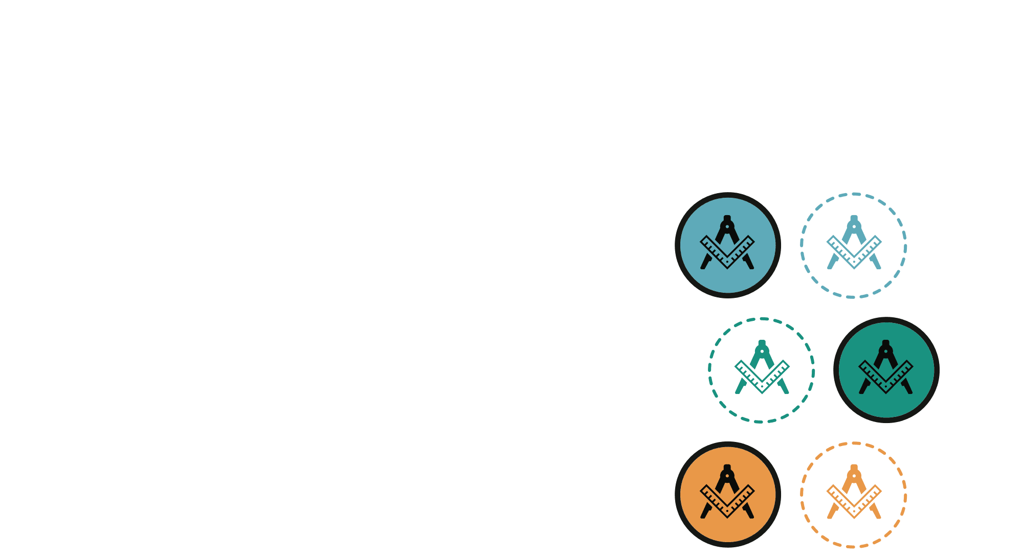 six distinct versions of the same image: a circle that contains a drafting compass and ruler