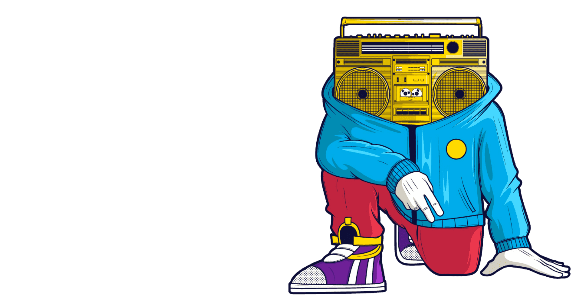 character with a boom box for a head