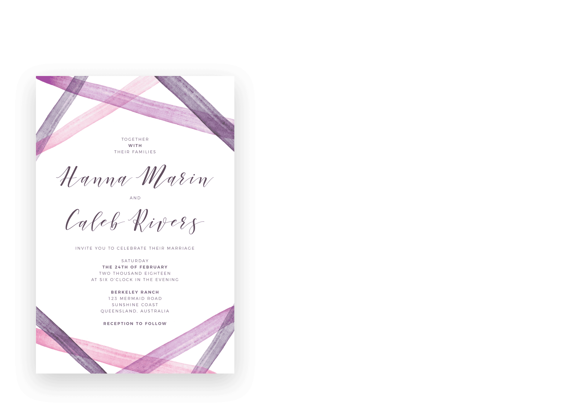 white invitation with gray text and purple watercolor design
