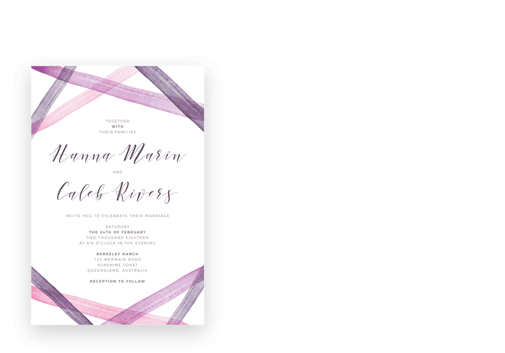 invitation blanche avec un texte gris et un design aquarelle violet