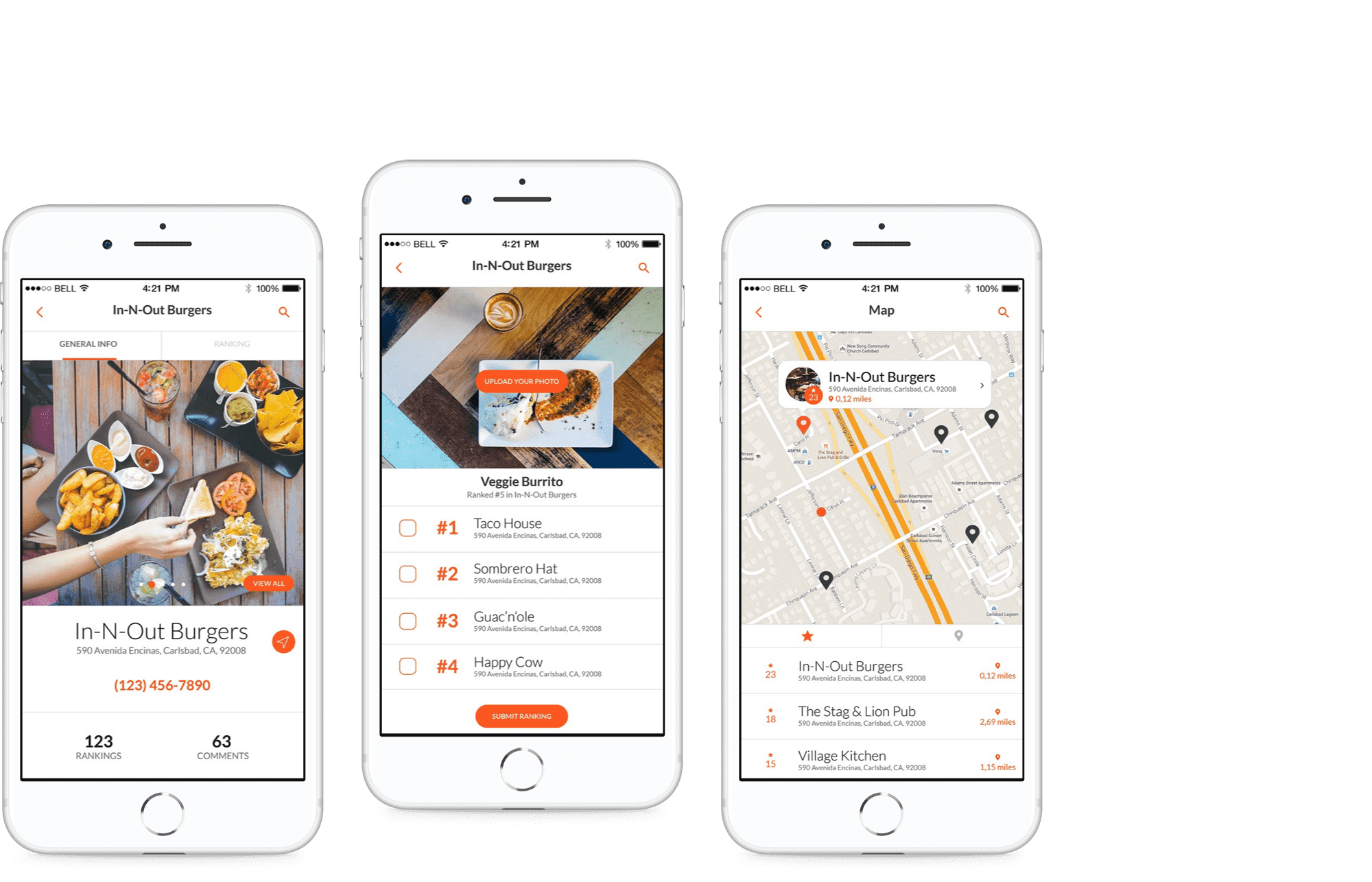 three iPhones side by side, each with a different app on its screen