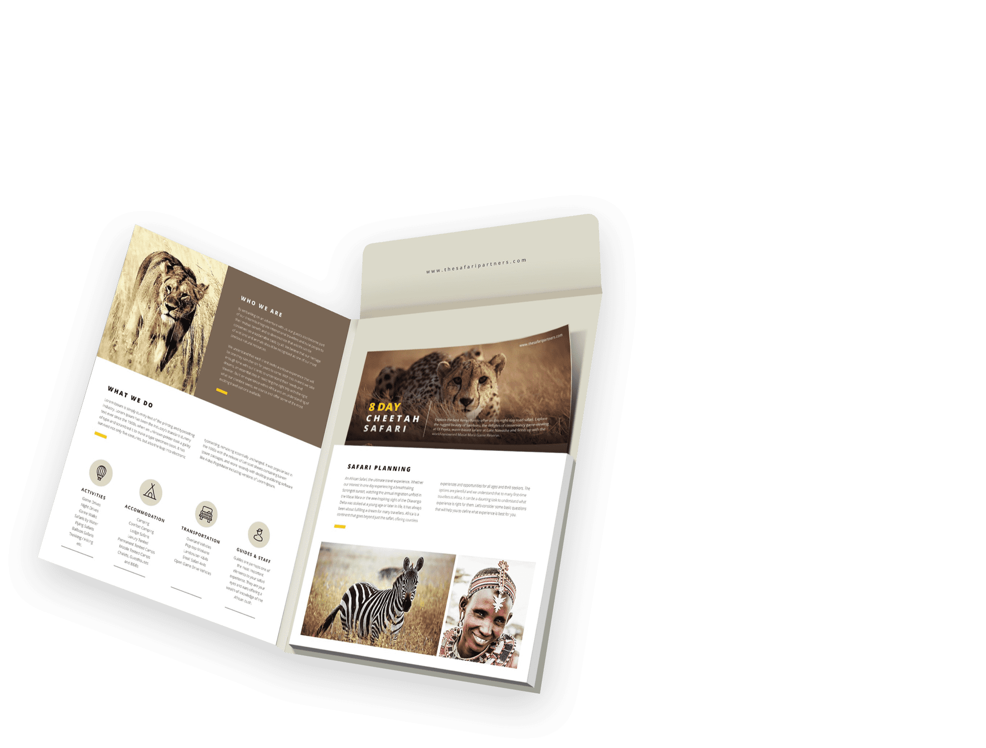 open leaflet with text, photos of savannah animals and a photo of a person