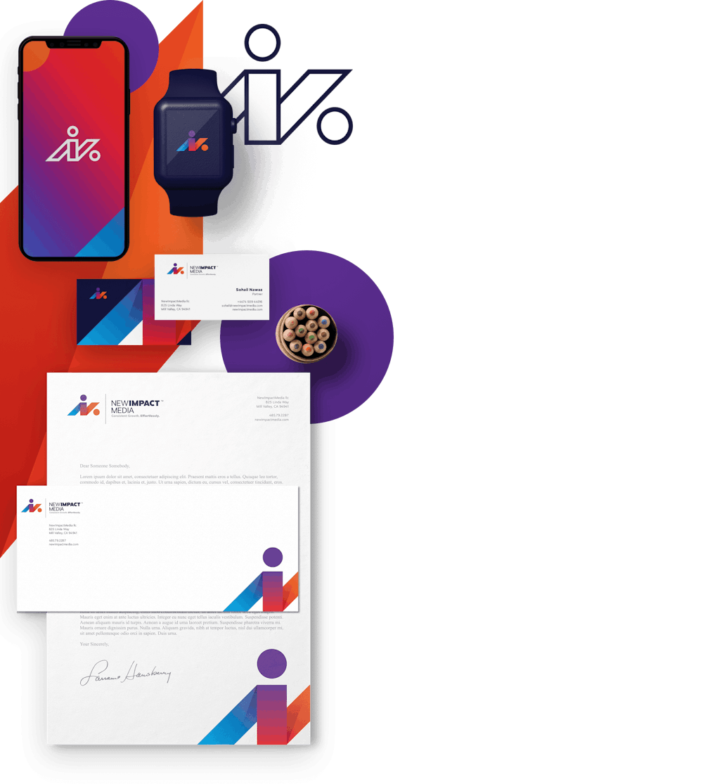 stationery, business cards, and red to blue gradient logo on smartwatch and smartphone screens