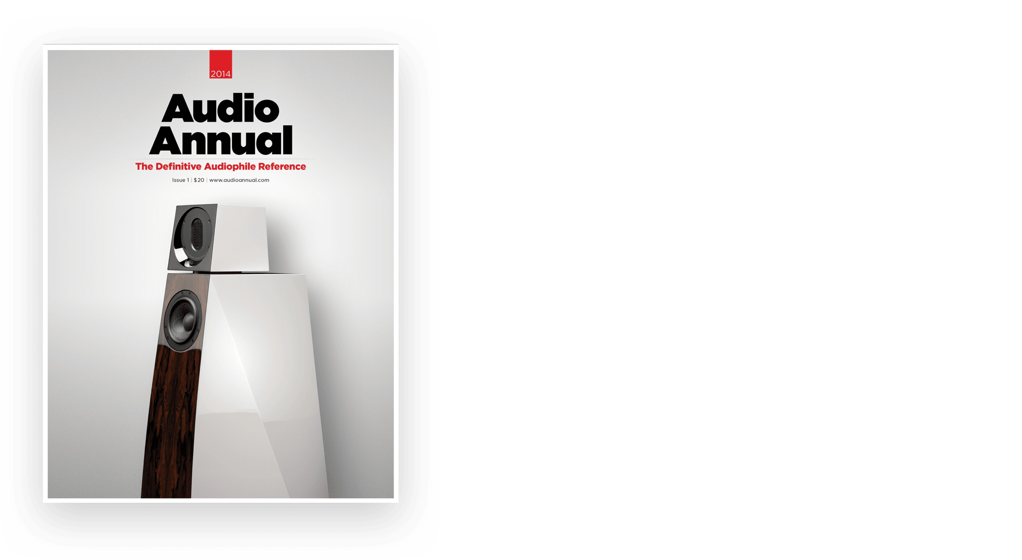 gray magazine cover with black text and a photo of speakers