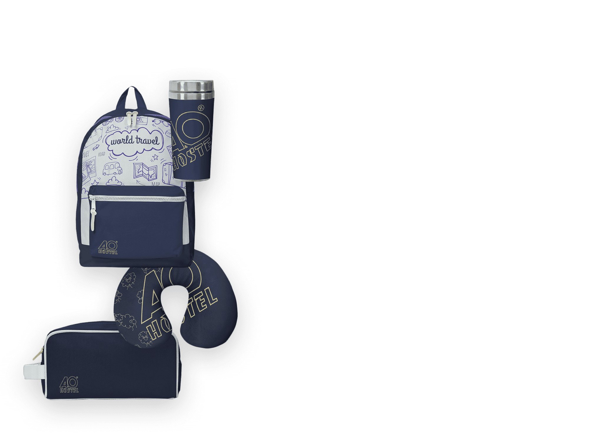 a backpack, a neck pillow, a water bottle and a pouch with blue and gray branding