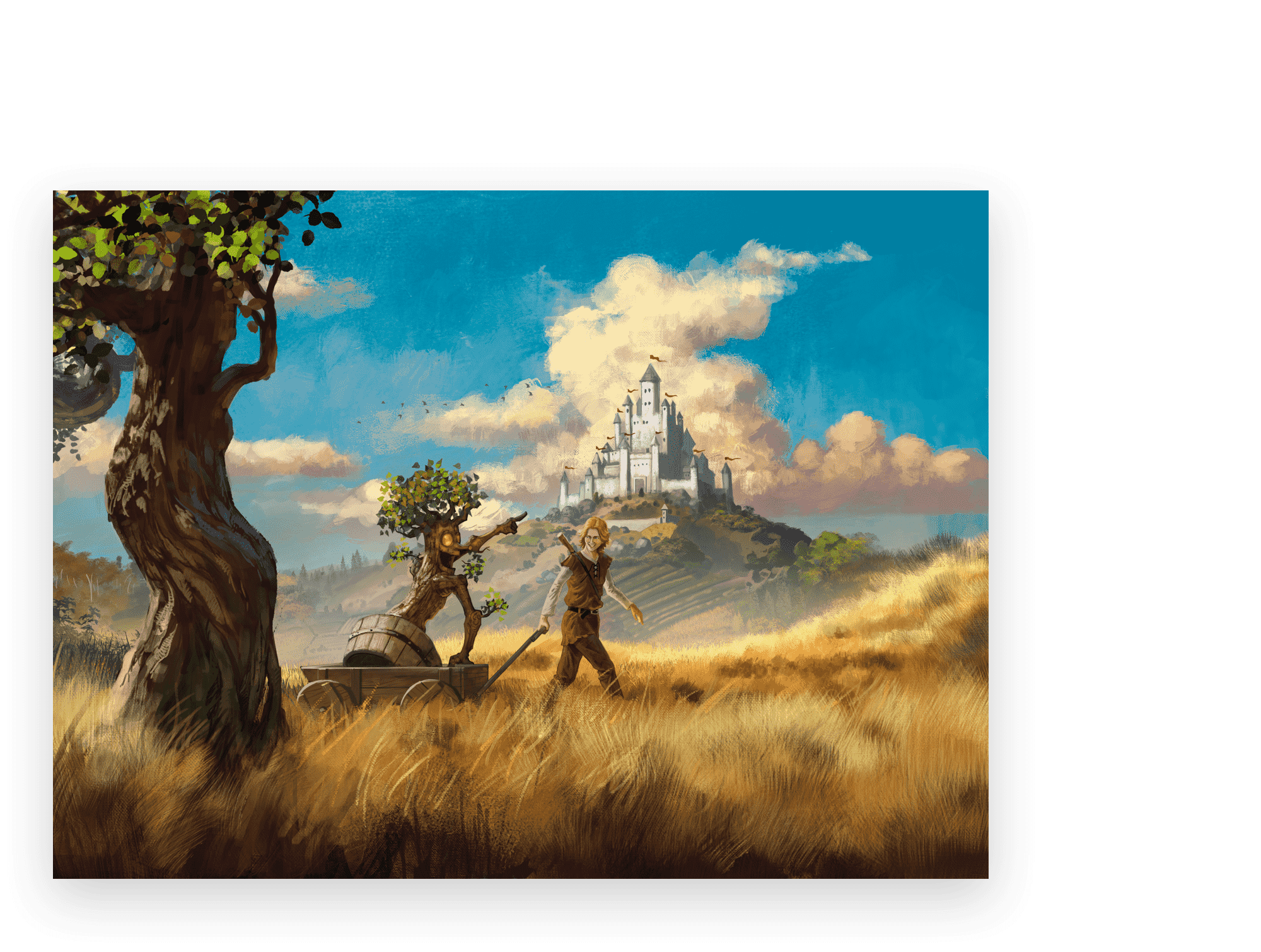 A man pulling a cart carrying an anthropomorphic tree through a field, a castle in the background