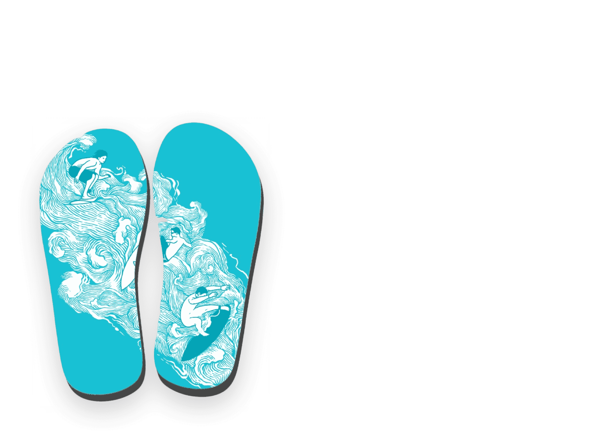 blue flip flops with white line drawings of surfers