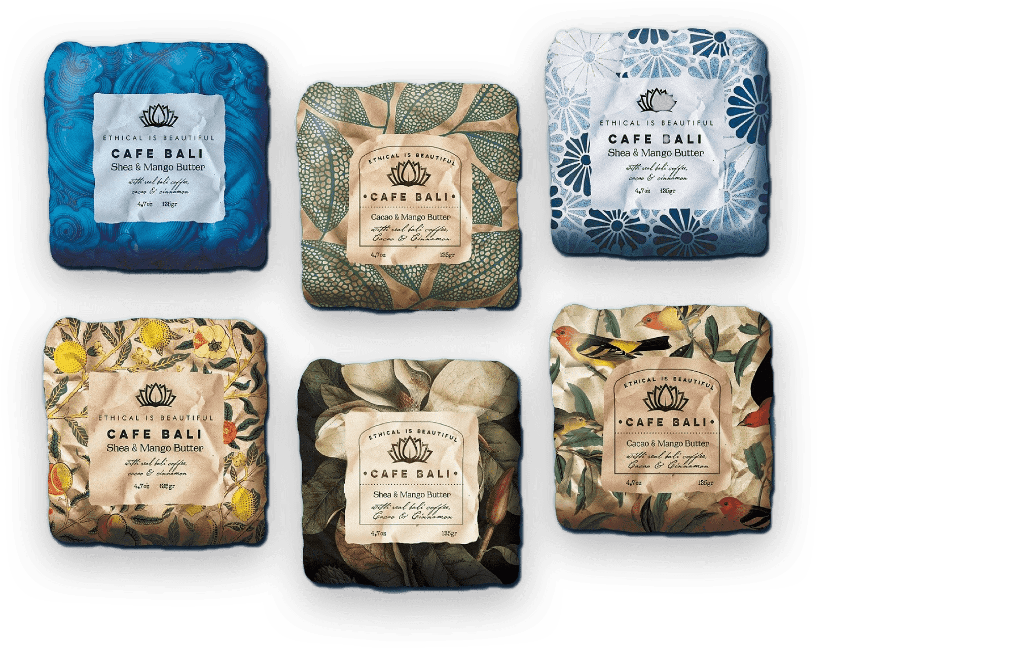 six distinct square packaged soaps, each in a unique color