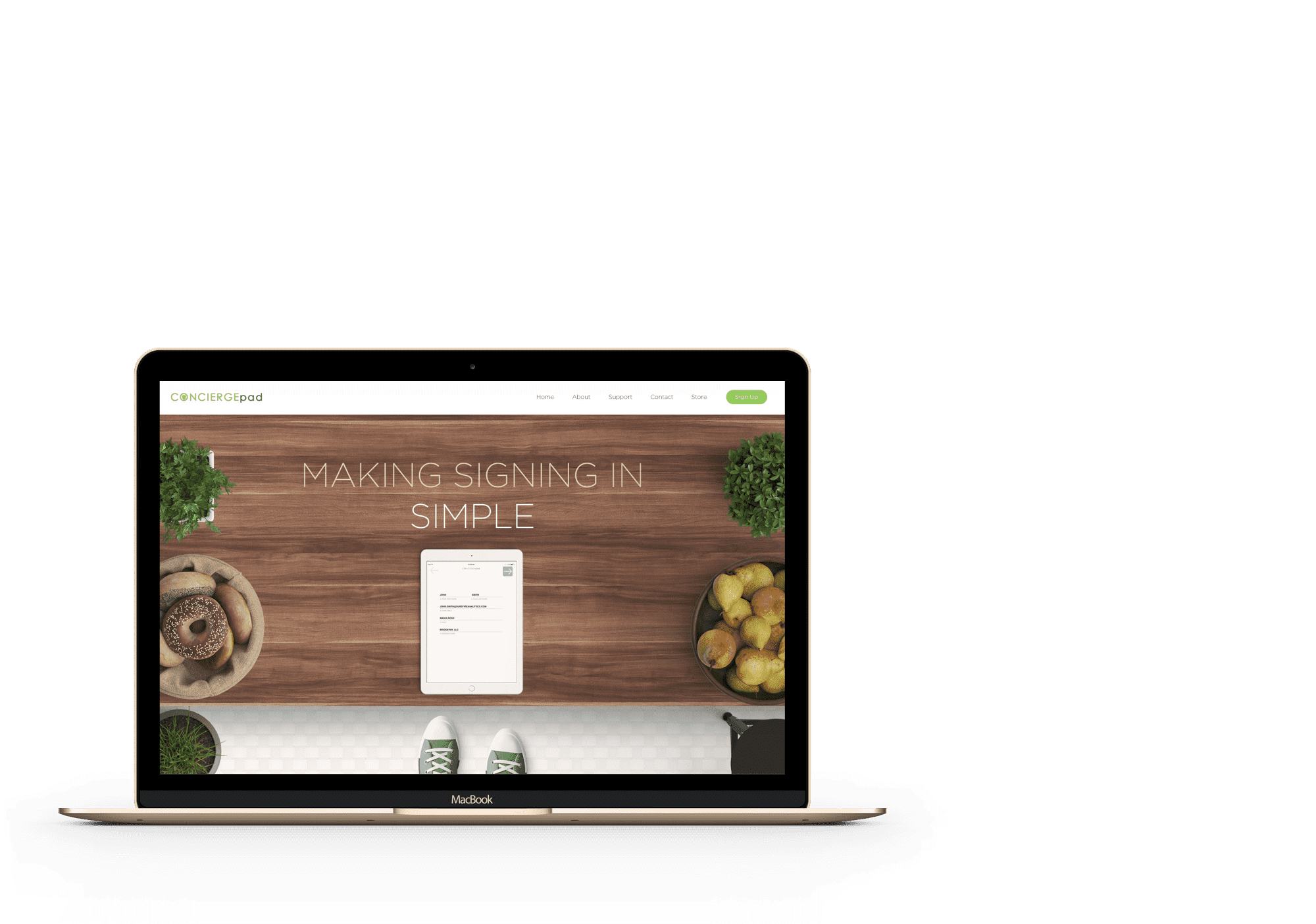 open laptop with a brown webpage displaying plants, foods and a tablet on the screen 