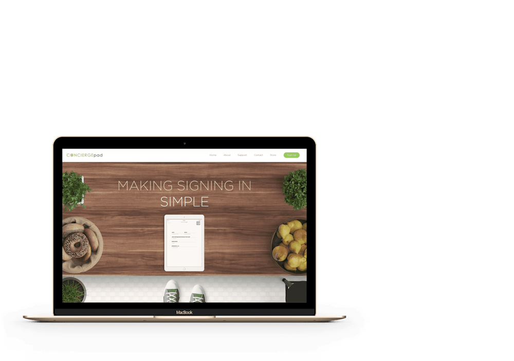 abrir el portátil con una página web marrón que muestra plantas, alimentos y una tablet en la pantalla 