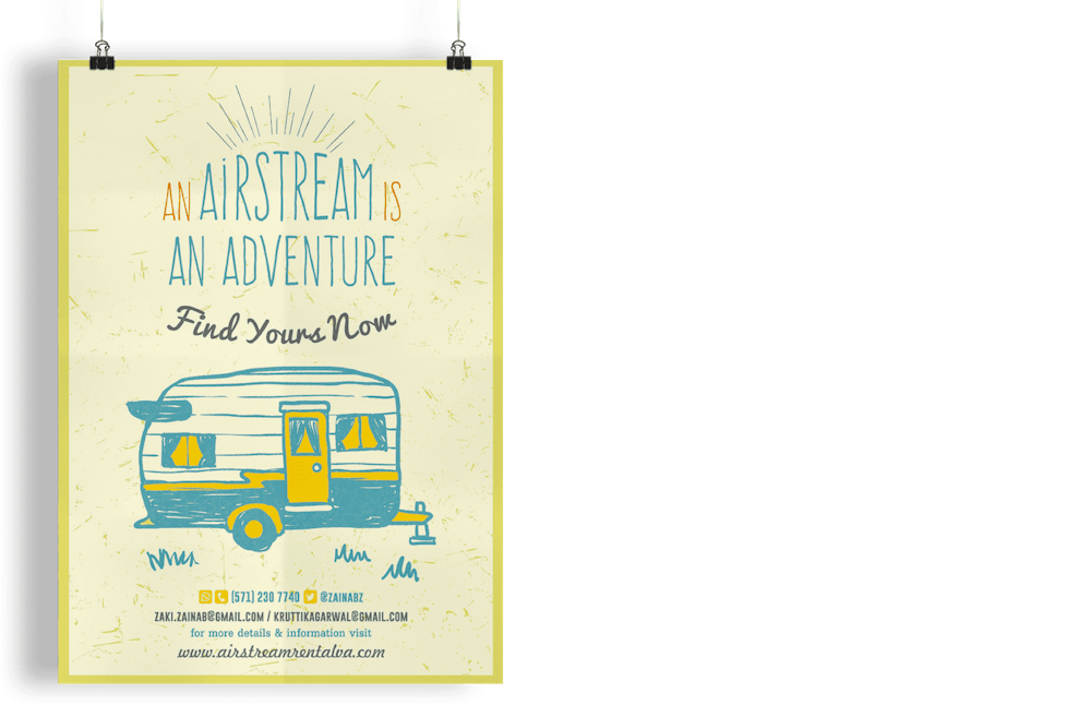 poster brun et jaune avec un dessin au trait d'un camping-car