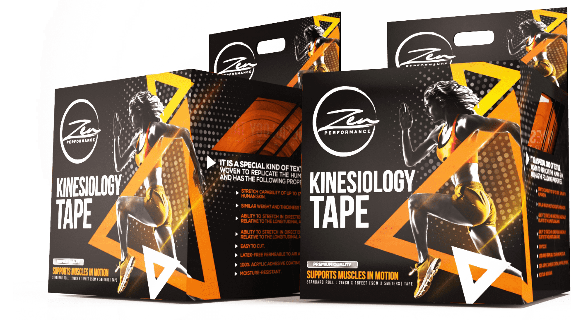 two black retail boxes with white text and an image of a woman running