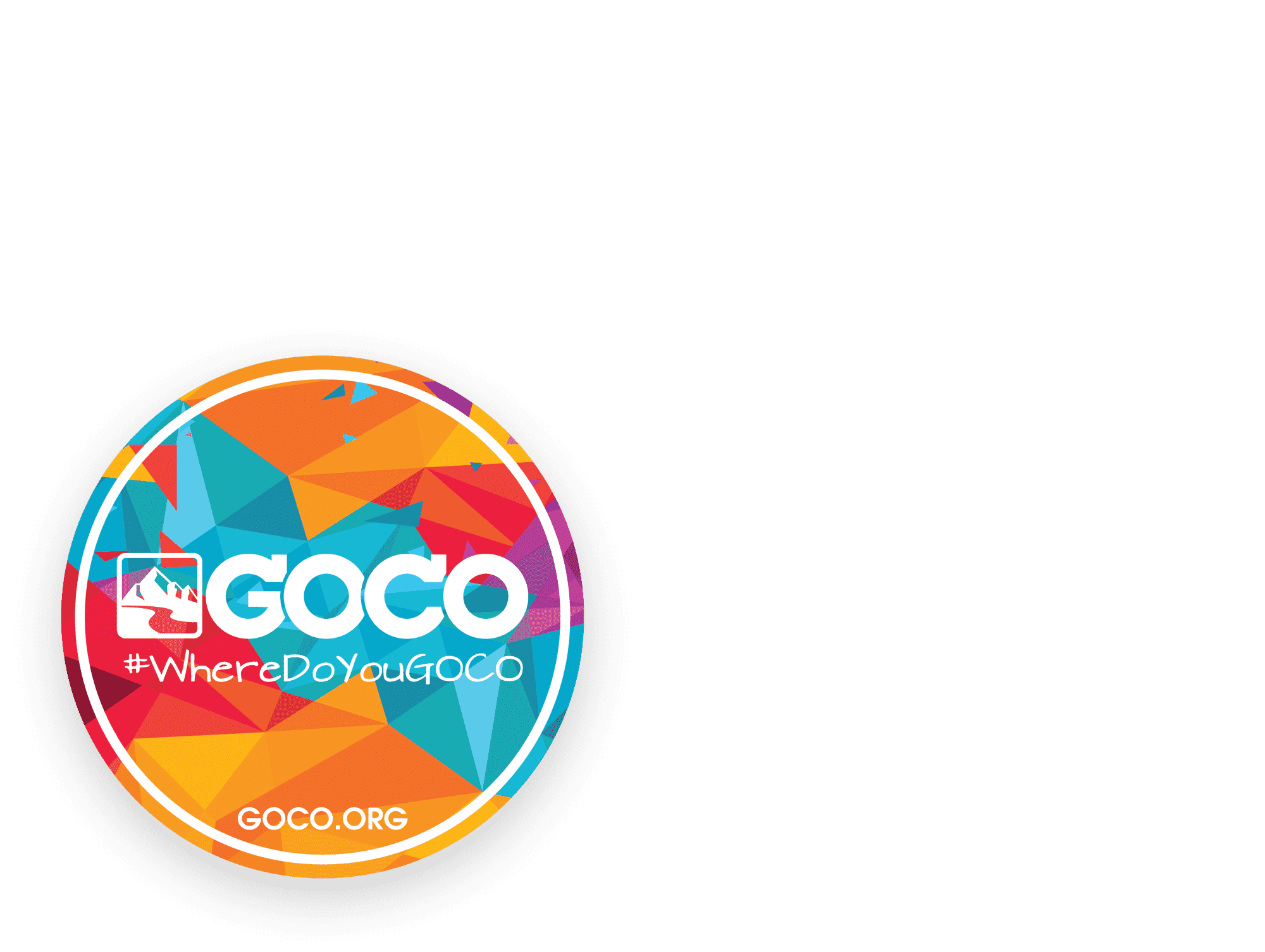 multi-colored round sticker with white text