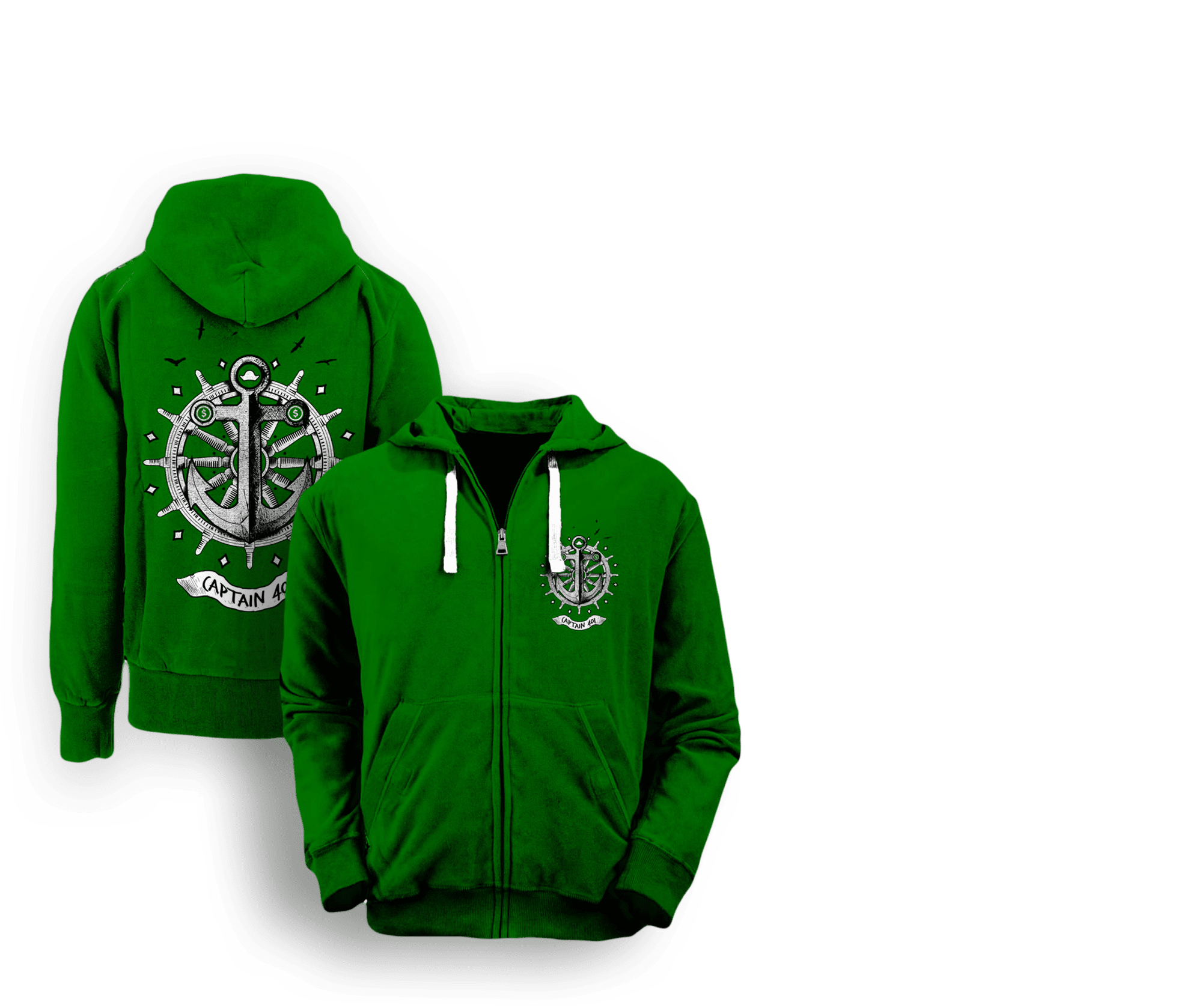 vues avant et arrière d'un sweatshirt vert avec un logo blanc sur la poitrine et dans le dos