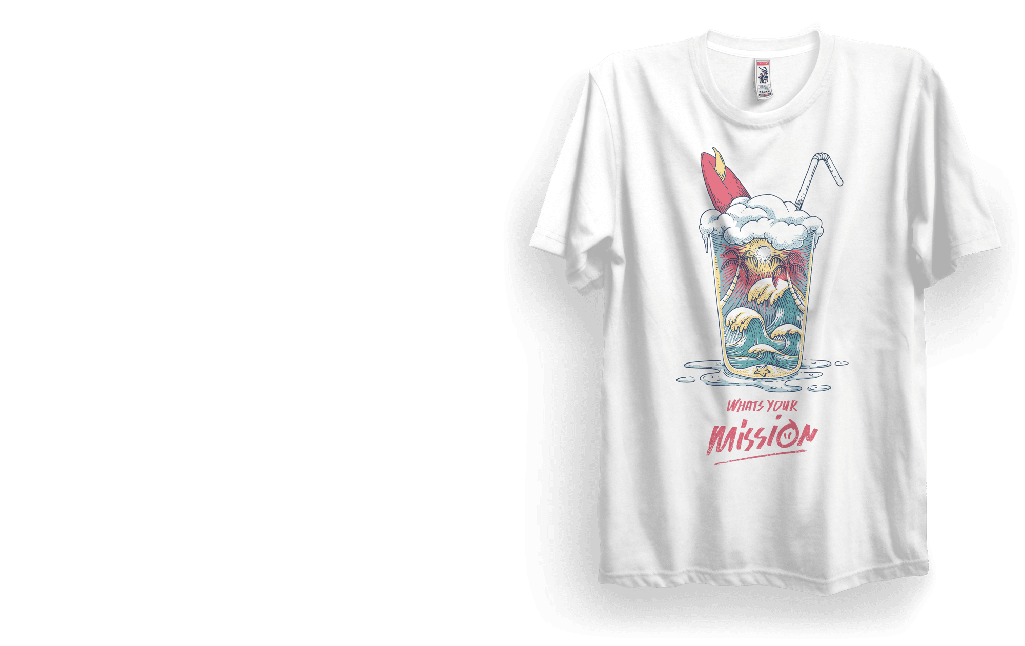 white t-shirt with red text and an image of a volcano and surfboard in a milkshake glass