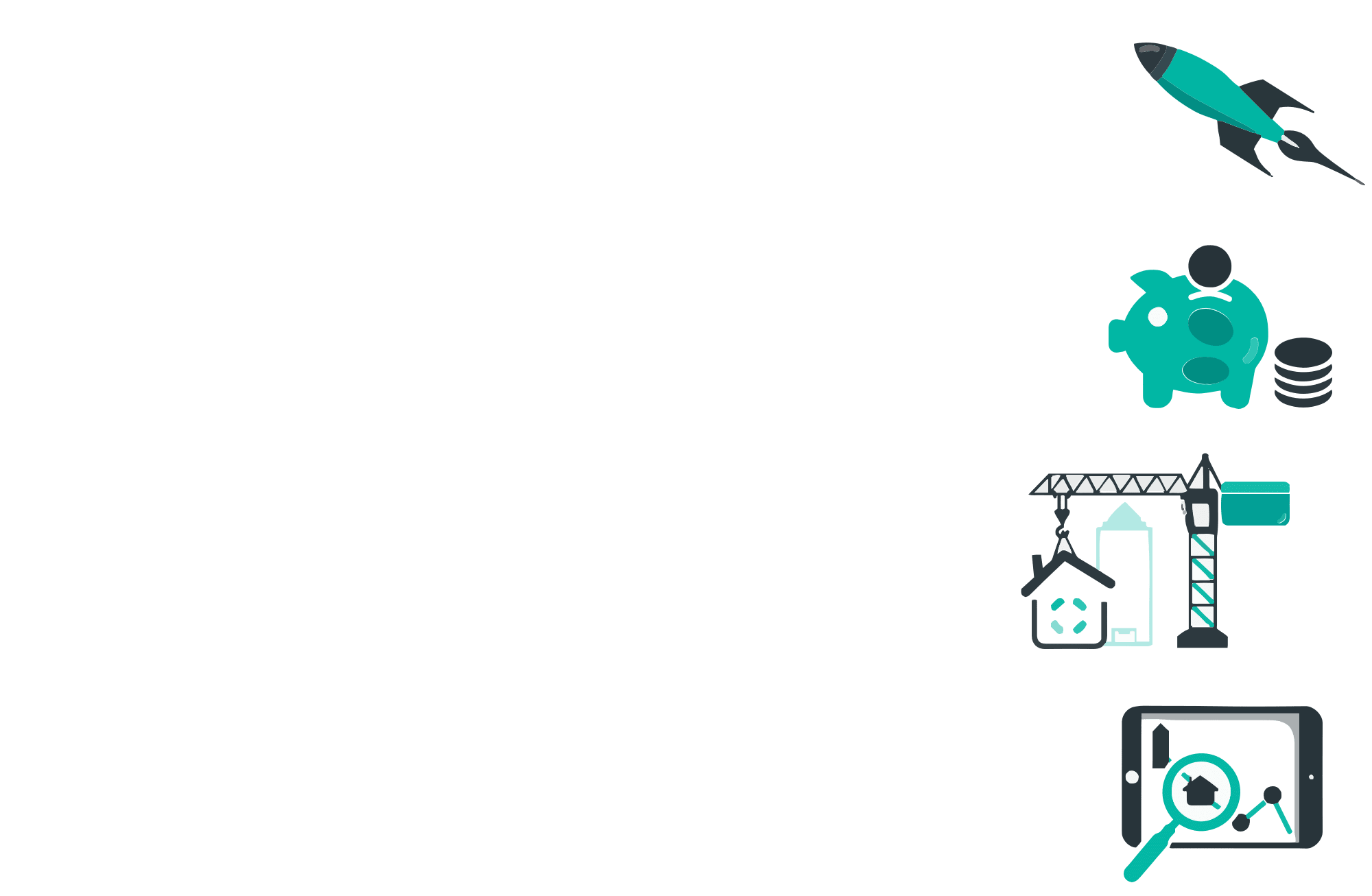 four green and black icons: a rocket ship, a piggy bank, a crane with a house, and a smartphone with a magnifying glass hovering over a house icon