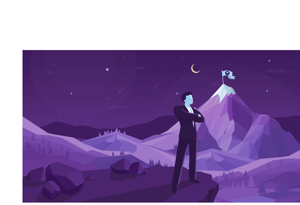 immagine color porpora di un uomo senza volto in piedi su una montagna