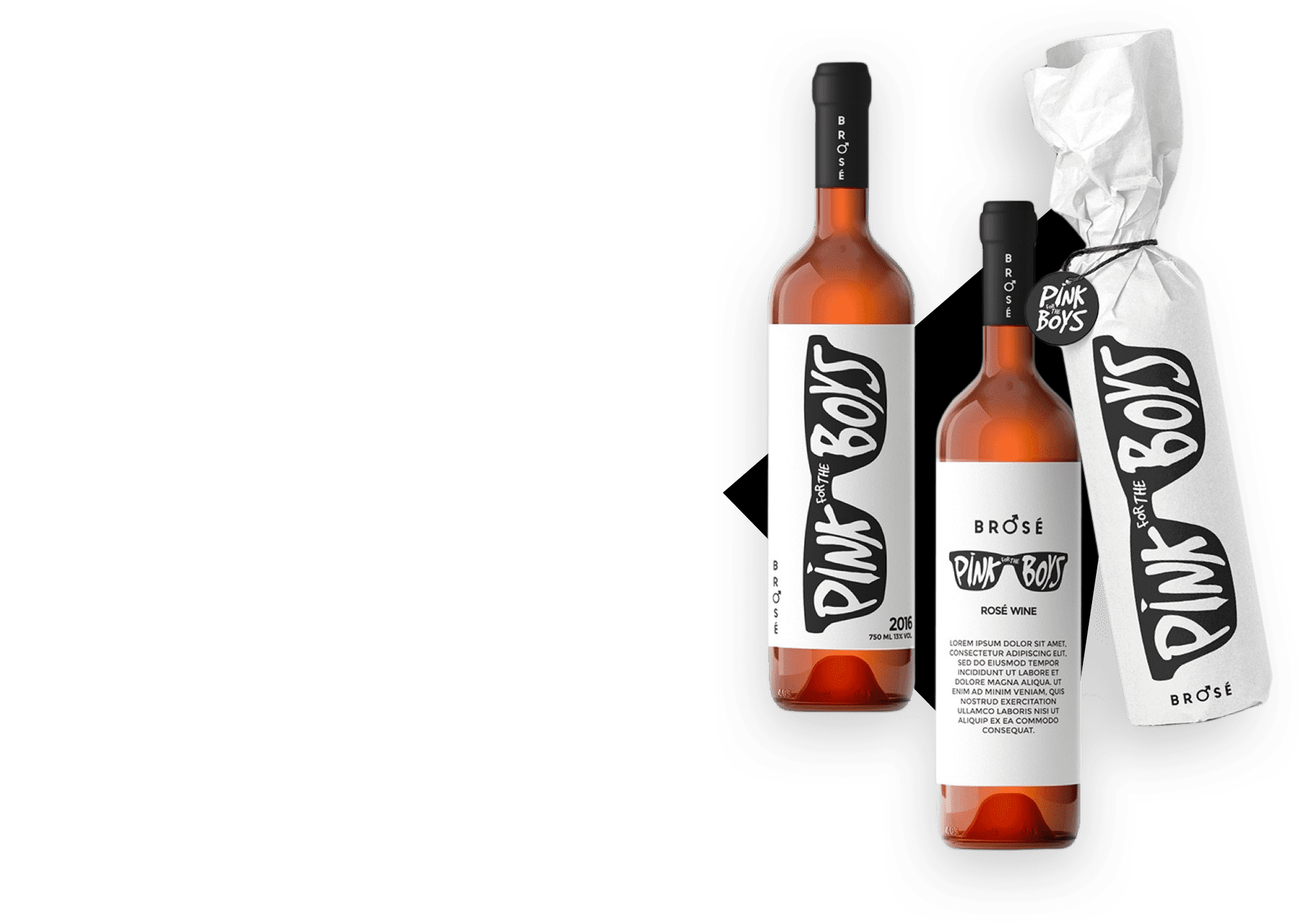 two wine bottles, both with a white label with black text