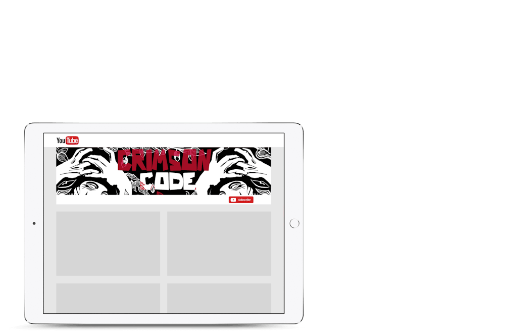tableta con un canal de YouTube de color negro, blanco y rojo en la pantalla