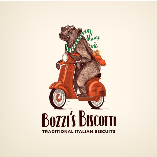 Logo design with bear on a bicycle for brand: 
Bozzi’s Biscotti
