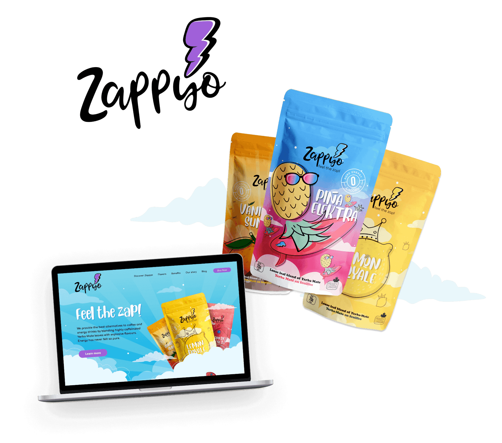 Logotipo colorido, embalagem e design de site para a marca de bebidas Zappyo