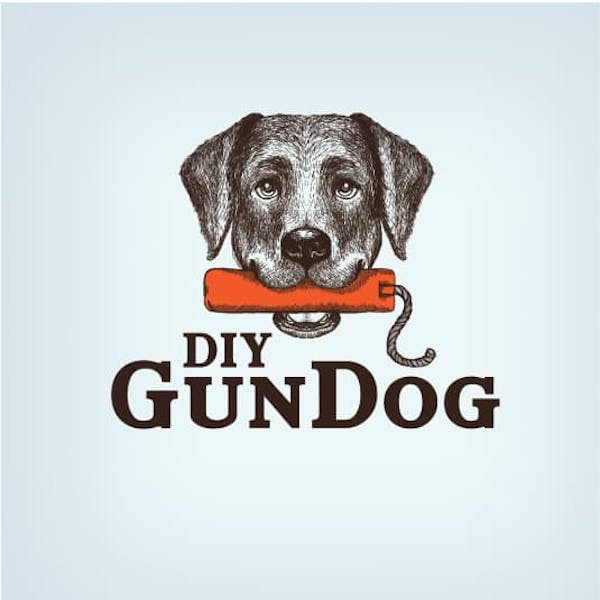 Logo-Design mit einem Hund mit einer TNT-Bombe im Maul für die Marke "DIY Gun Dog"