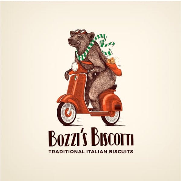 Logo design with bear on a bicycle for brand: 'Bozzi’s Biscotti'
