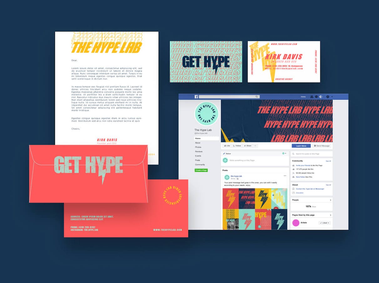 Una raccolta di pacchetti di brand identity creati in un contest di design per The Hype Lab