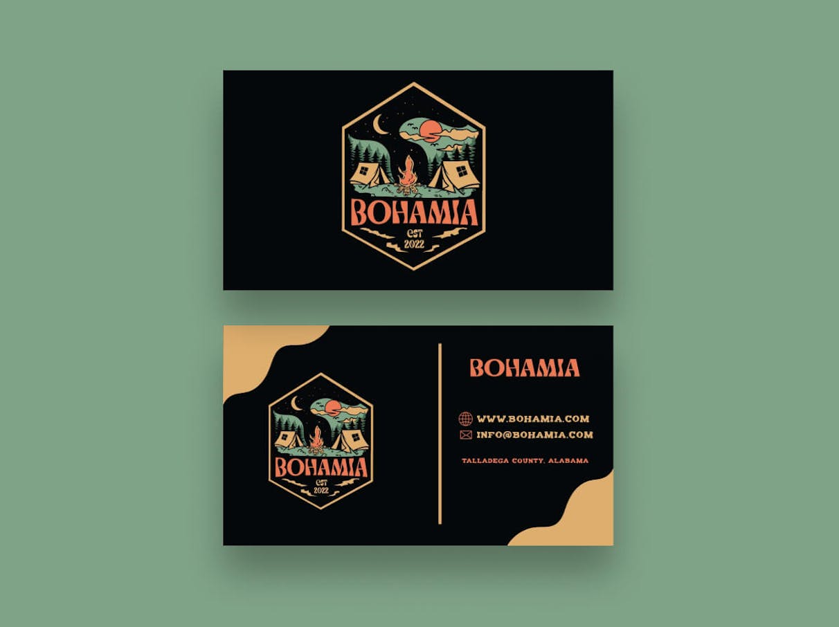 Een verzameling van verschillende visitekaartjes gemaakt in een ontwerpwedstrijd voor Bohamia Campground