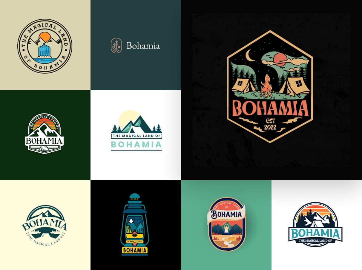 Eine Sammlung verschiedener Logos, die im Rahmen eines Design-Wettbewerbs für den Bohemia Campground entworfen wurden