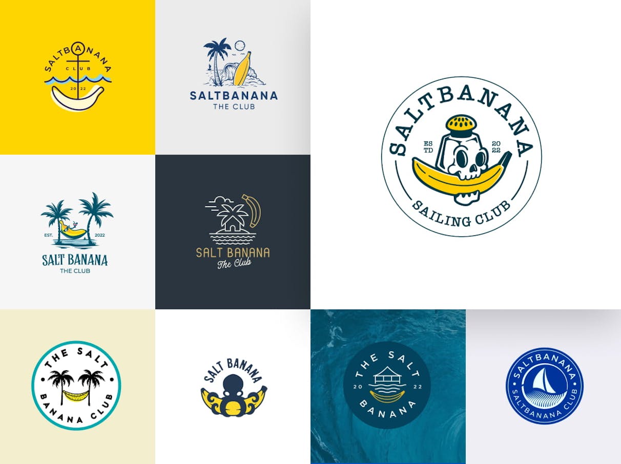 Una colección de diferentes logotipos creados en un concurso de diseño para The Salt Banana Club