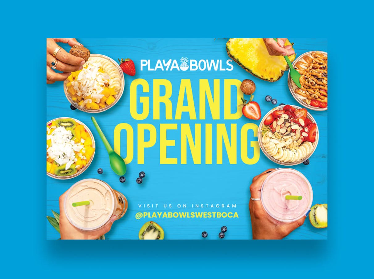 A flyer design created in a 1-to-1 project for Playa Bowls