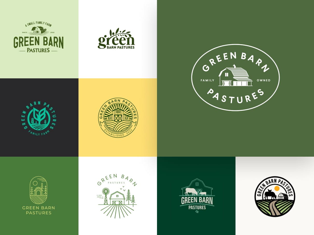Une collection de différents logos créés dans un concours de design pour Green Barn Pastures