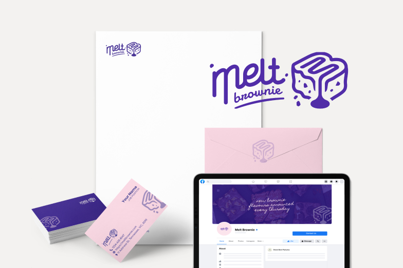 Un paquete de logotipo e imagen corporativa creado para una empresa de brownies que incluye el diseño de un logotipo, tarjetas de visita, membrete, sobre y una portada de Facebook